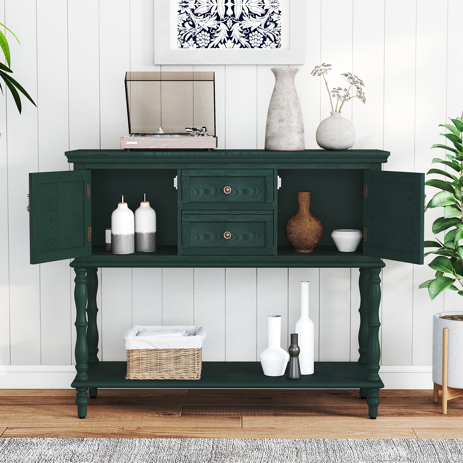 Retro Console Table With Storage And Drawers For Living Room Green_voghion.com